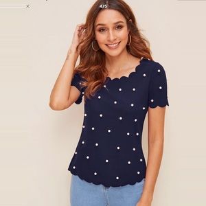 Shein -Scallop Trim Navy Blouse w/ Pearls-Sz Large